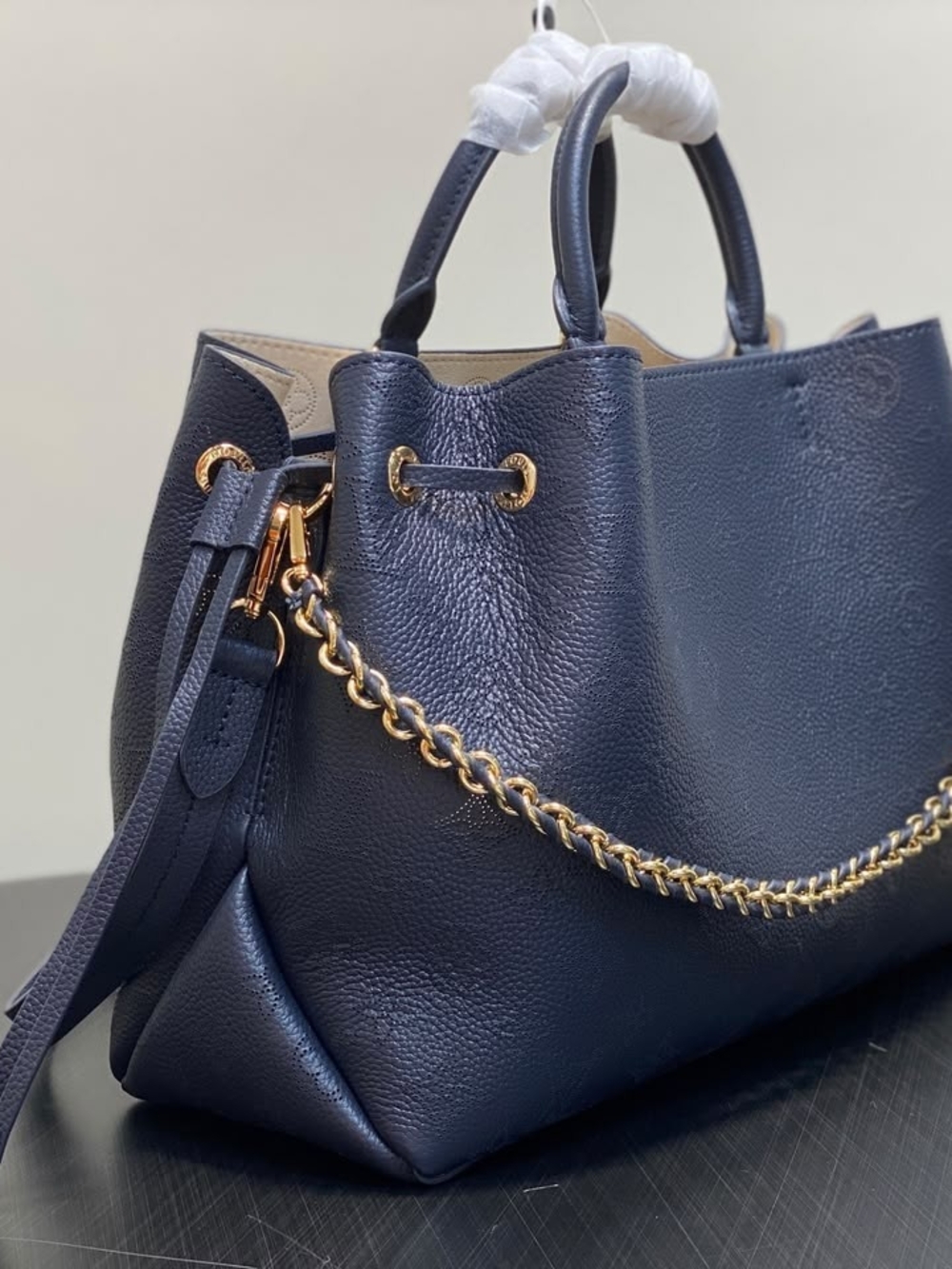 Navy Leather Loius Vuitton Tote with Gold Chain Trim
